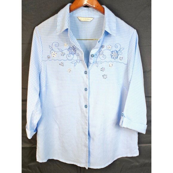 Allison Daley Blue Gingham Button-Up Shirt With Floral Embroidery 3/4 Sleeves - Picture 1 of 9